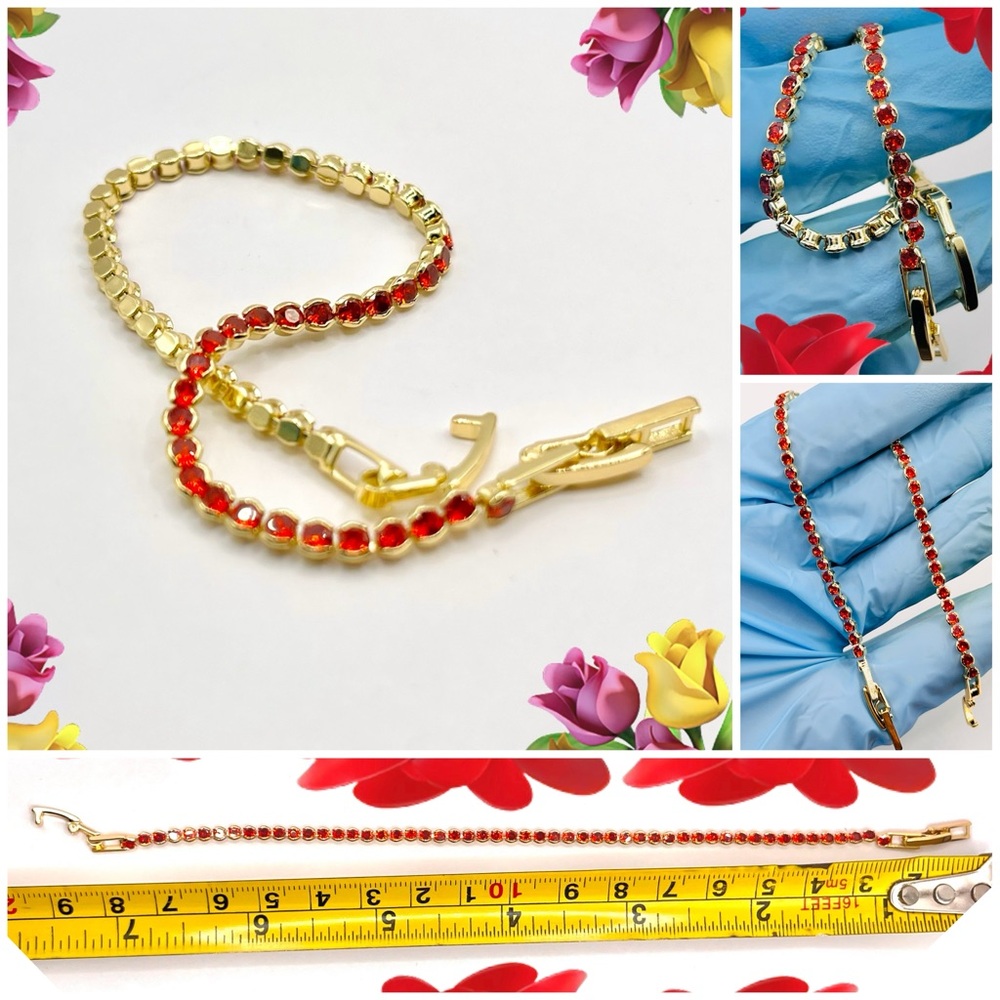 NEW Gold Plated Dainty Tennis Bracelet With Radiant Red Crystal CZs Gemstones